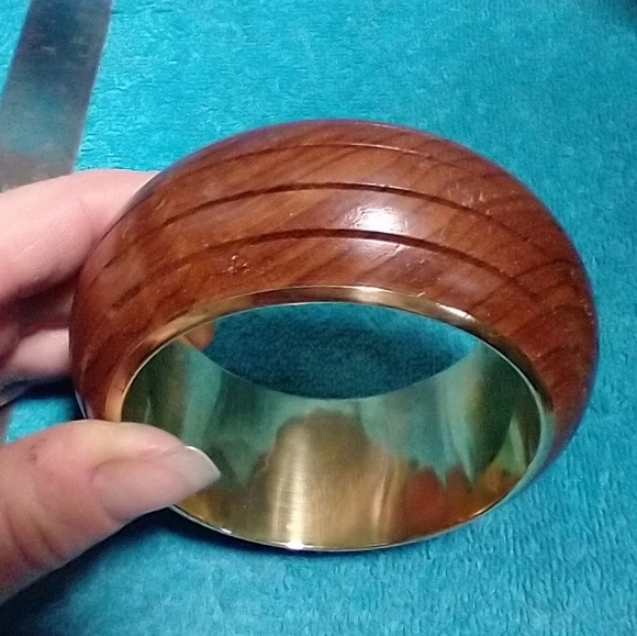 Wooden Brass Bangle Bracelet Wide Large Vintage - Picture 1 of 4